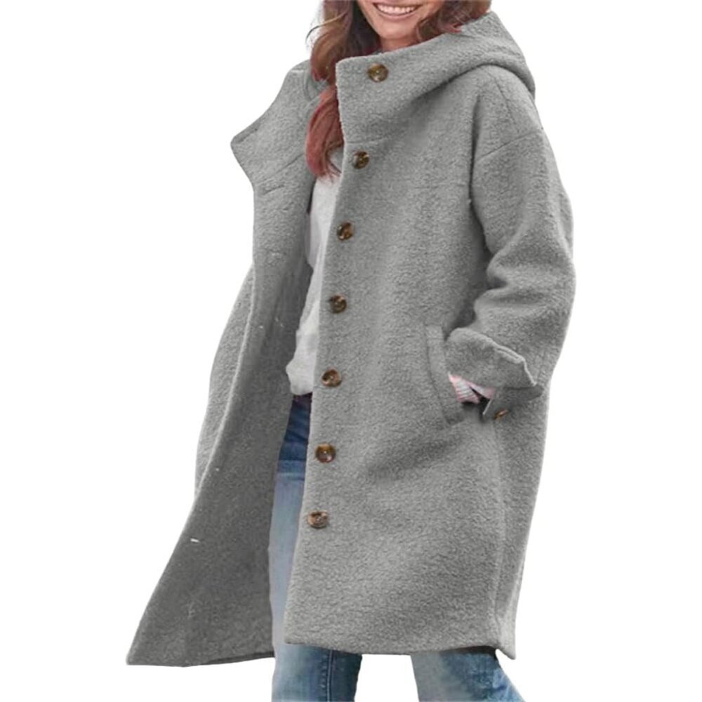🆕Womens Gray Winter Single Breasted Long Wool Coat with Hood Casual Trench Coat